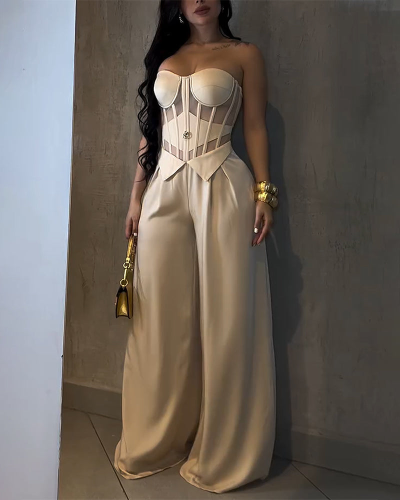 Mono de pierna ancha con corsé y escote de malla tipo bustier