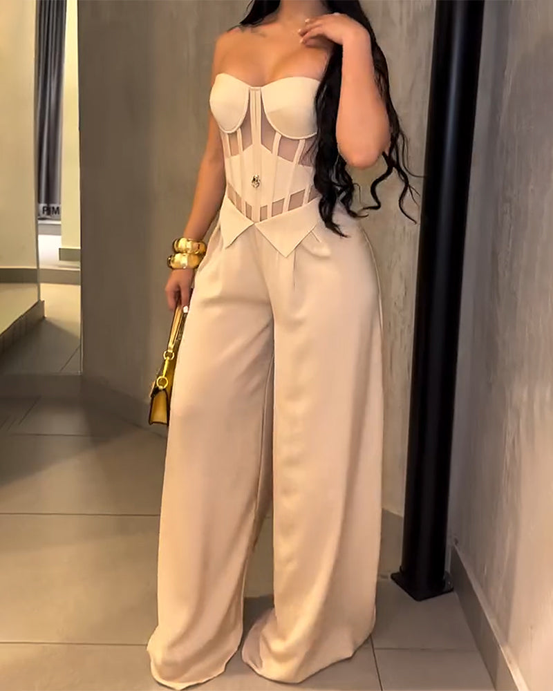 Mono de pierna ancha con corsé y escote de malla tipo bustier