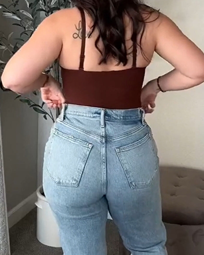 Body de tanga de encaje sexy con escote en V, diseño sin espalda con control de abdomen