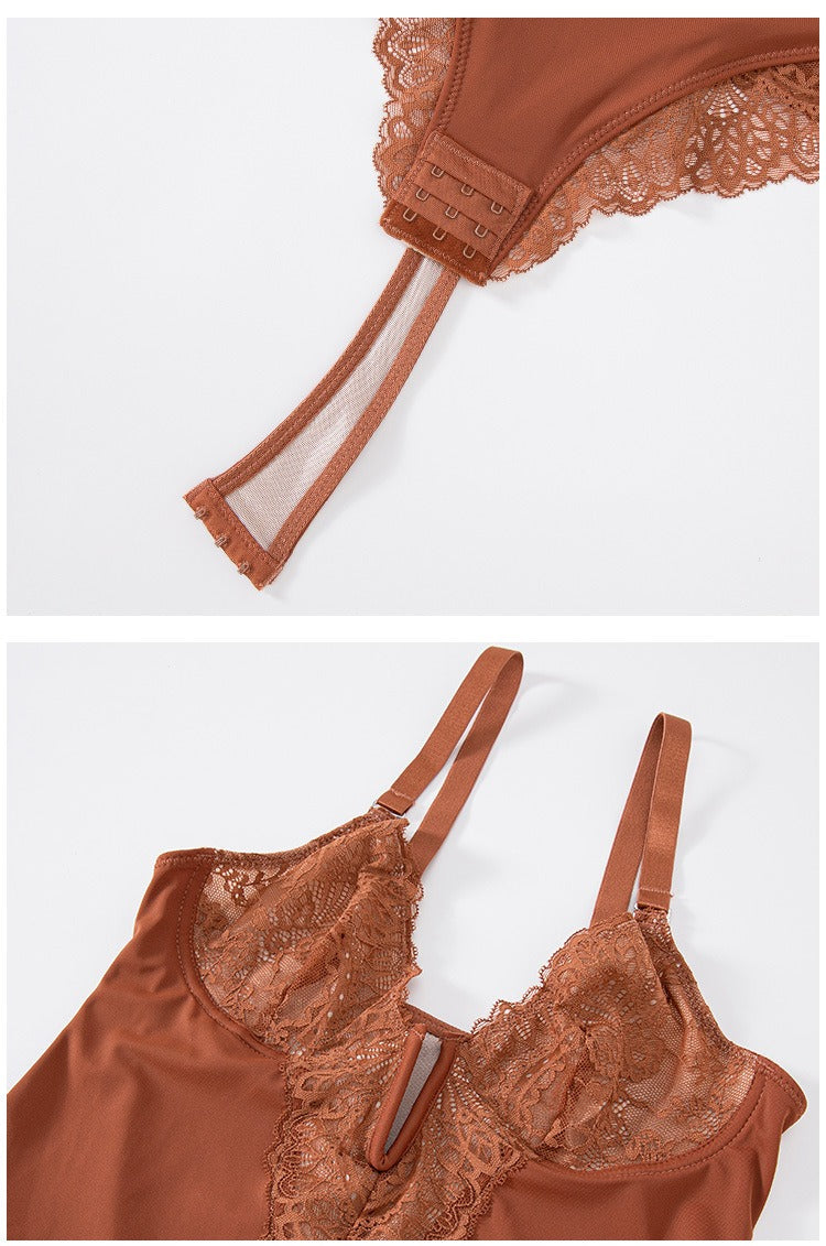 Body de tanga de encaje sexy con escote en V, diseño sin espalda con control de abdomen