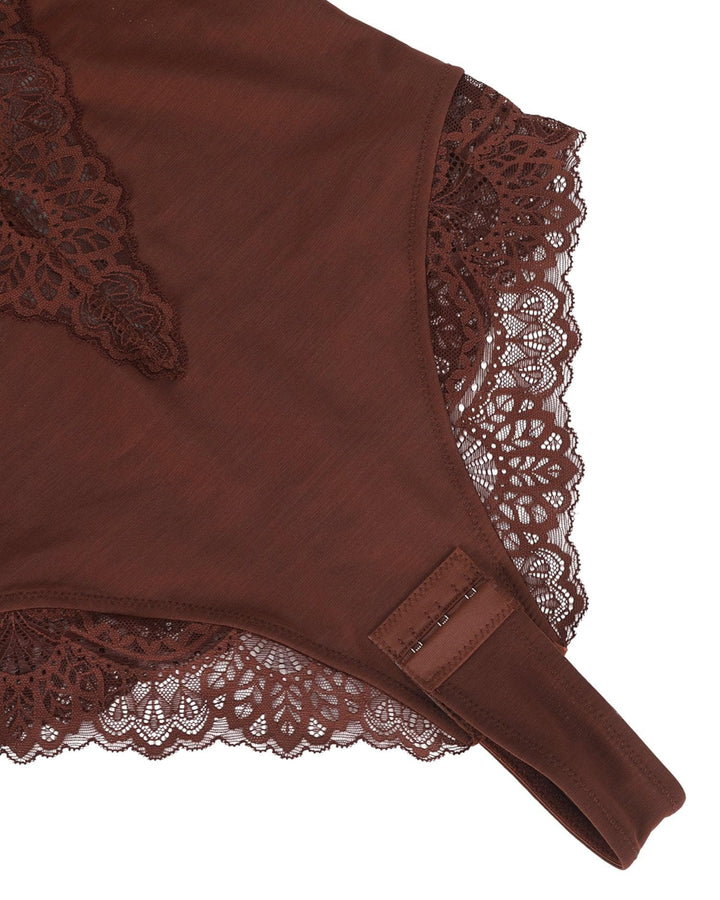 Body de tanga de encaje sexy con escote en V, diseño sin espalda con control de abdomen