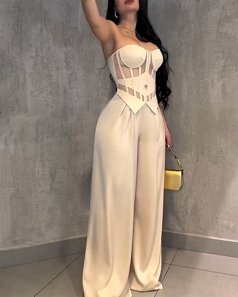 Mono de pierna ancha con corsé y escote de malla tipo bustier