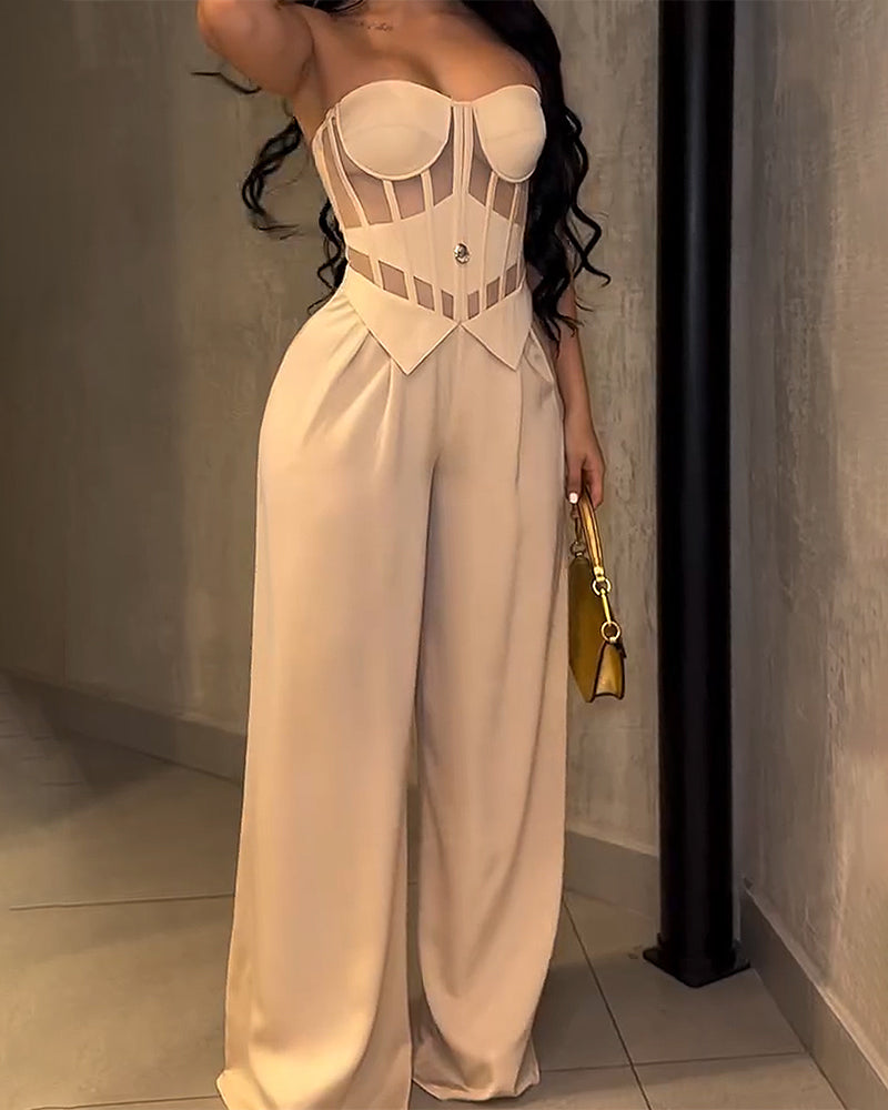 Mono de pierna ancha con corsé y escote de malla tipo bustier