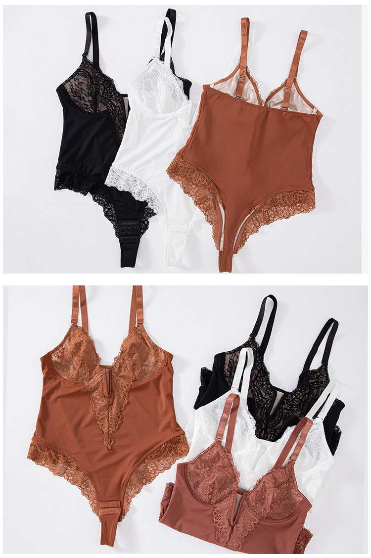 Body de tanga de encaje sexy con escote en V, diseño sin espalda con control de abdomen