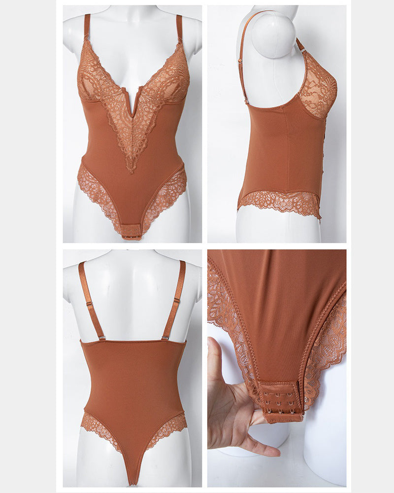 Body de tanga de encaje sexy con escote en V, diseño sin espalda con control de abdomen
