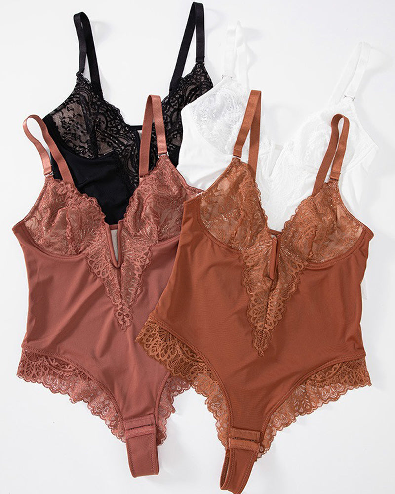 Body de tanga de encaje sexy con escote en V, diseño sin espalda con control de abdomen