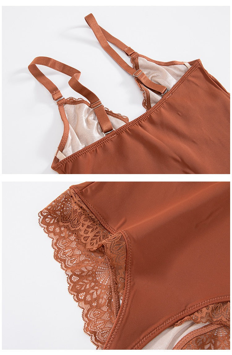 Body de tanga de encaje sexy con escote en V, diseño sin espalda con control de abdomen