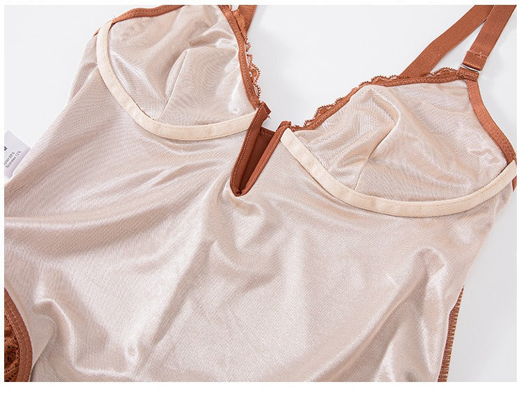 Body de tanga de encaje sexy con escote en V, diseño sin espalda con control de abdomen